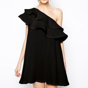 ASOS Black One Shoulder Ruffled Asymmetric Dress